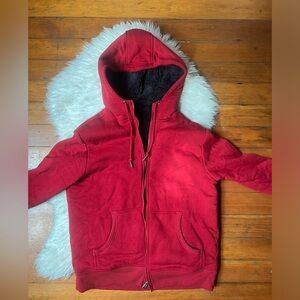Red Faux Fur Lined Hooded Zip-Up Jacket Sweatshirt Hoodie